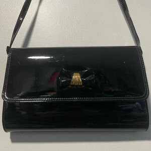 Rafy Black Patent Leather Crossbody Bag with  Gold Bow Detail